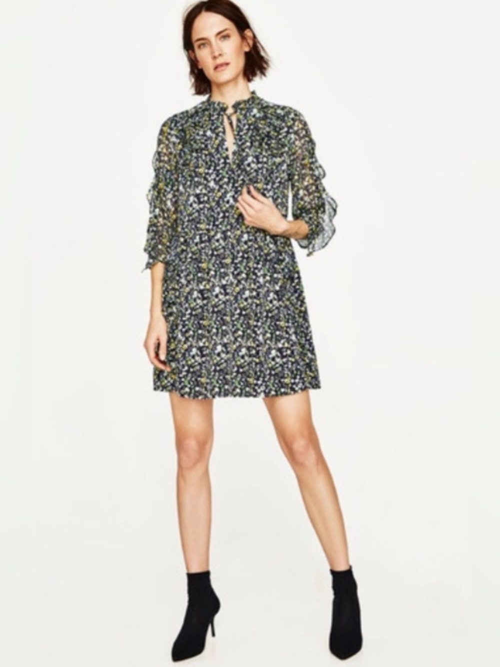 Zara Basic Navy Floral Dress with Yellow and Green Print